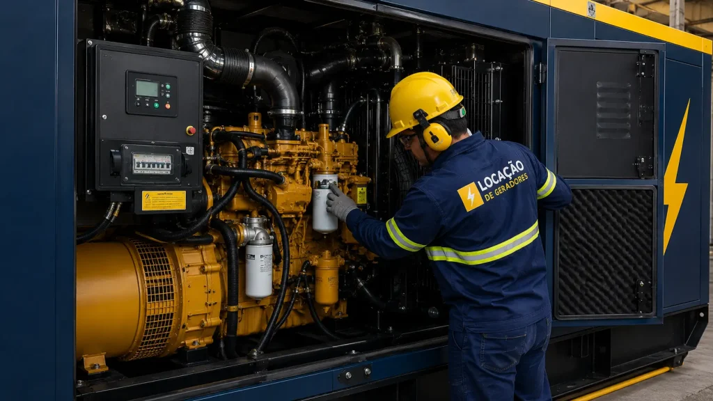 Técnico inspecionando o funcionamento interno de um grupo gerador