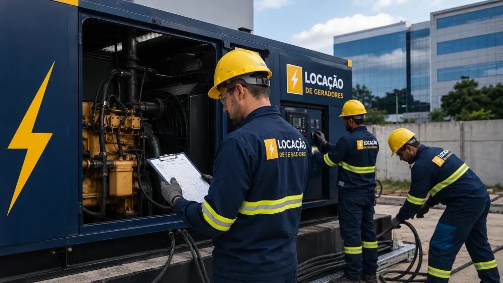 Equipe técnica responsável pela locação e instalação de grupos geradores em São Paulo