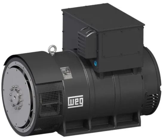 Alternador industrial WEG visto em perspectiva.