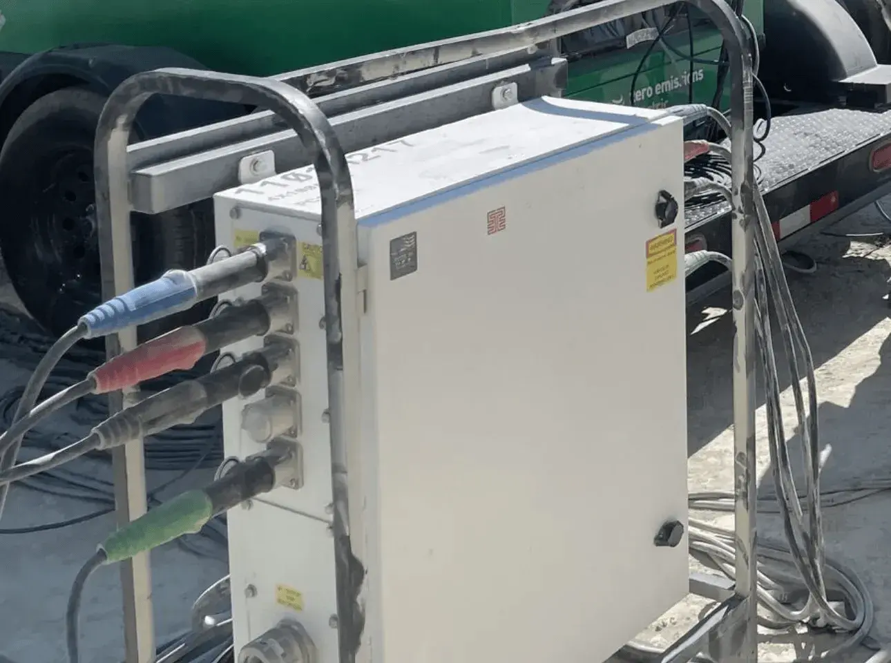 Caixa intermediária com conexões de cabos elétricos.