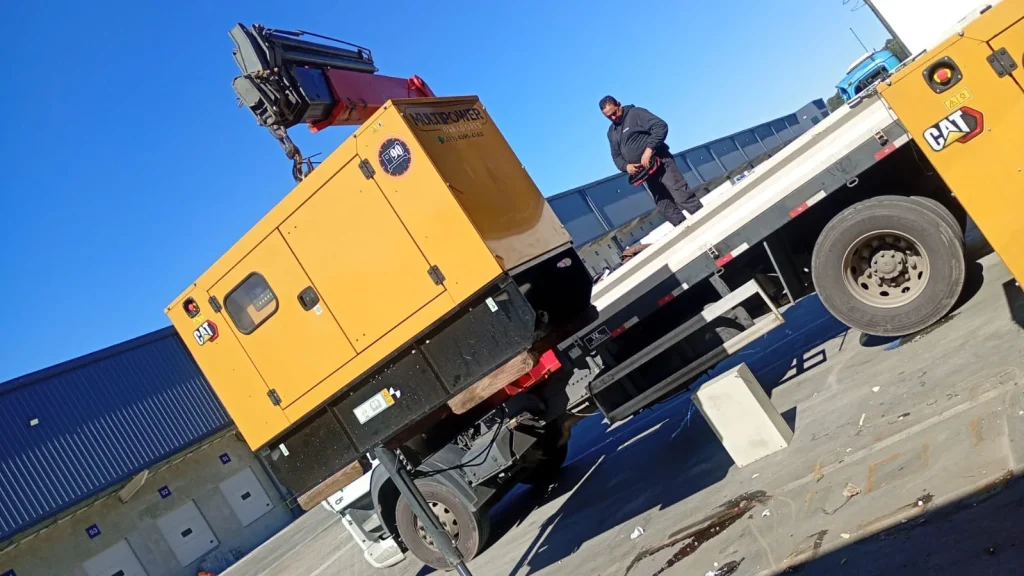 Içamento de grupo gerador amarelo junto a caminhão.