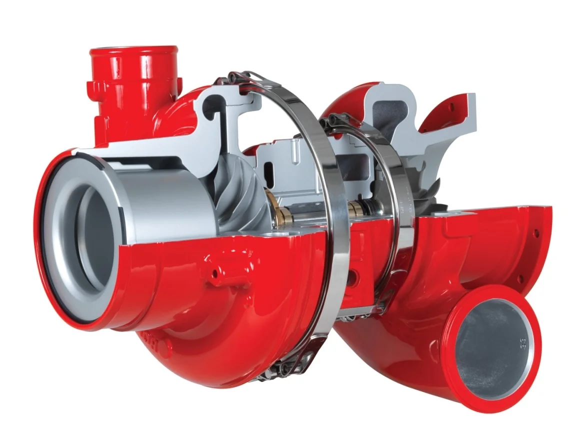 Turbocompressor em corte mostrando componentes internos.