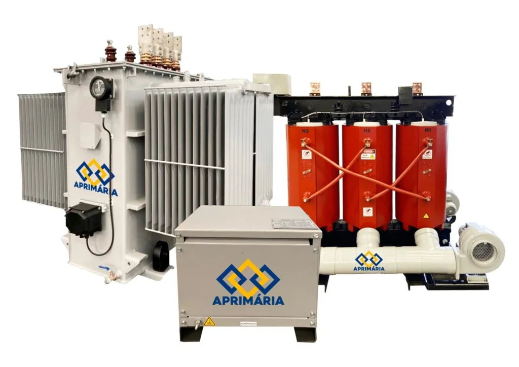 Transformadores elétricos de diferentes configurações.